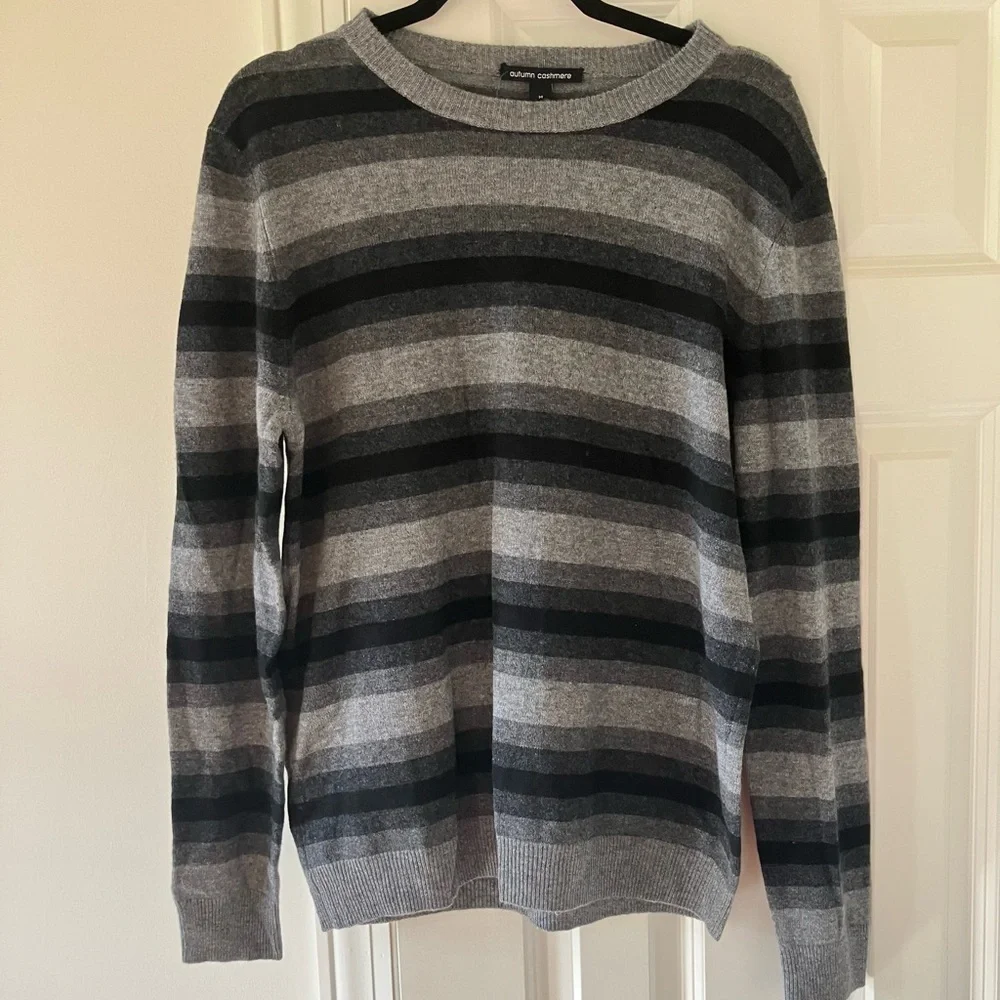 NWT Autumn Cashmere Gray & Black Striped Merino Wool Crew Neck Sweater Medium